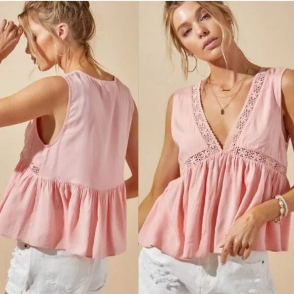 21845  Lace Inlay Babydoll Top - Picture 2 of 2